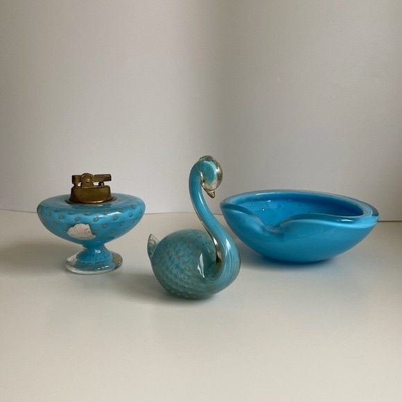 VTG Italy Alfredo Barbini MURANO GLASS Blue & Gold Leaf Ashtray & Lighter & Swan - Picture 4 of 12